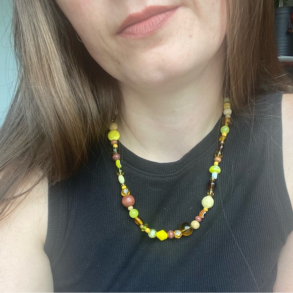 Amber Waves Brown & Yellow Beaded Necklace Mixed Beads Evil Eye Wood Glass Gold - Picture 7 of 9